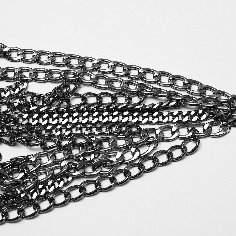 Close-up of black aluminum chains for a punk metal harness dress, showcasing the intricate design and durability.