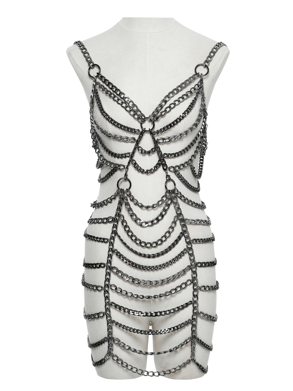 Punk metal chain body harness dress showcasing adjustable chains for alternative fashion enthusiasts.
