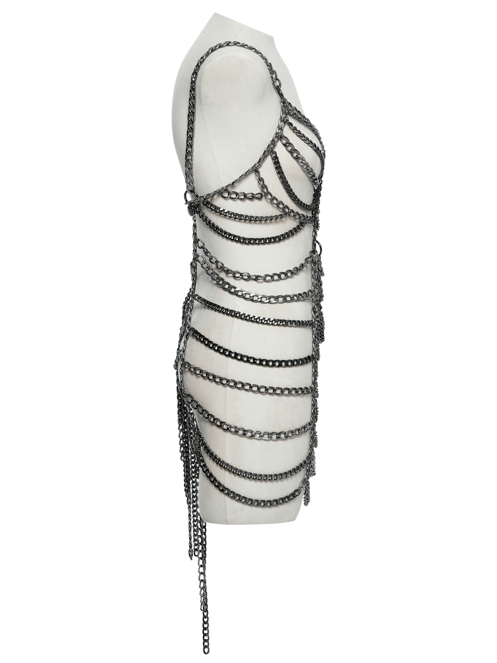 Punk metal chain body harness dress showcasing adjustable chains in a stylish, edgy design.