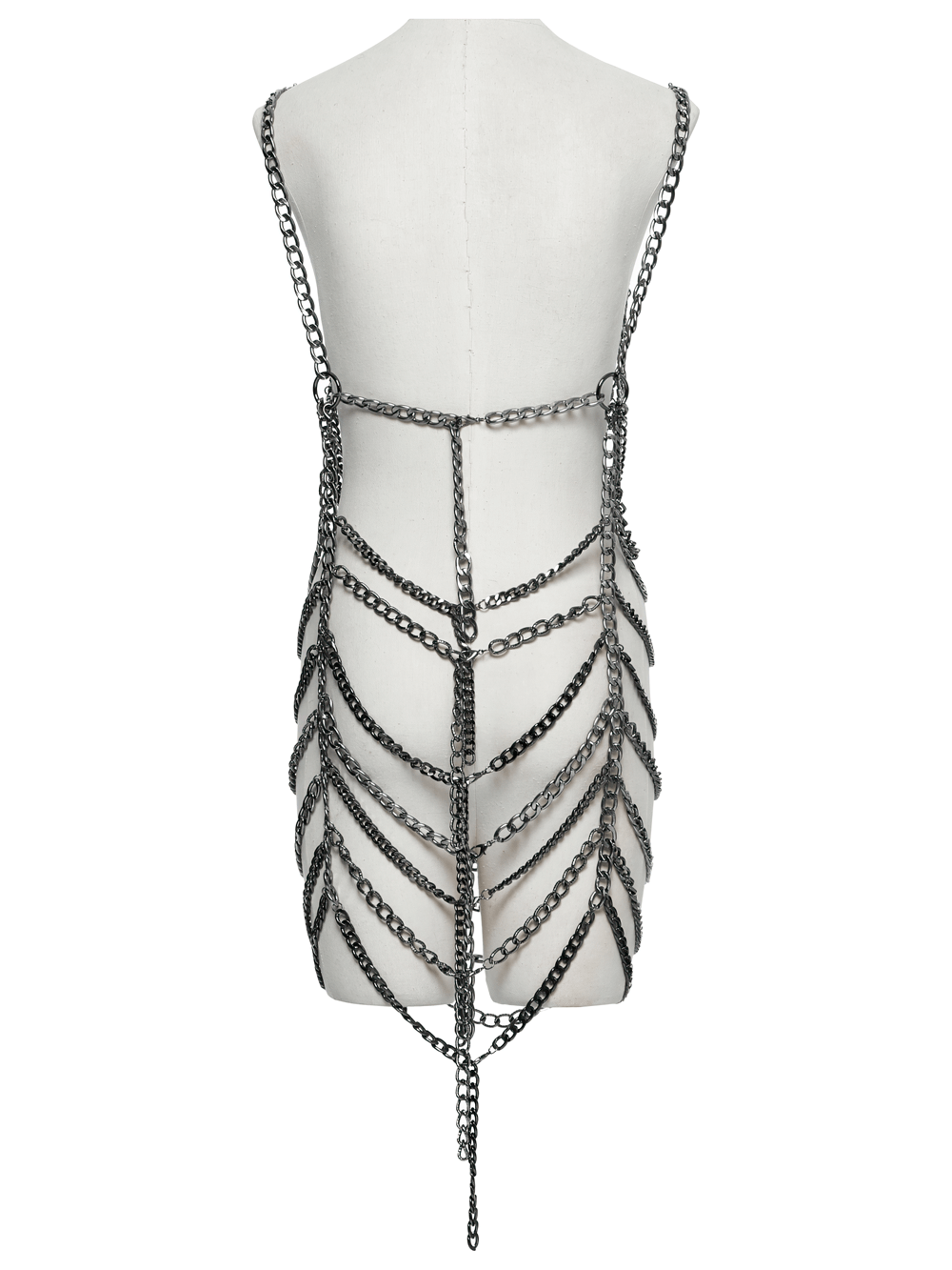 Back view of punk metal chain body harness dress showcasing adjustable chains and a stylish streamlined design.