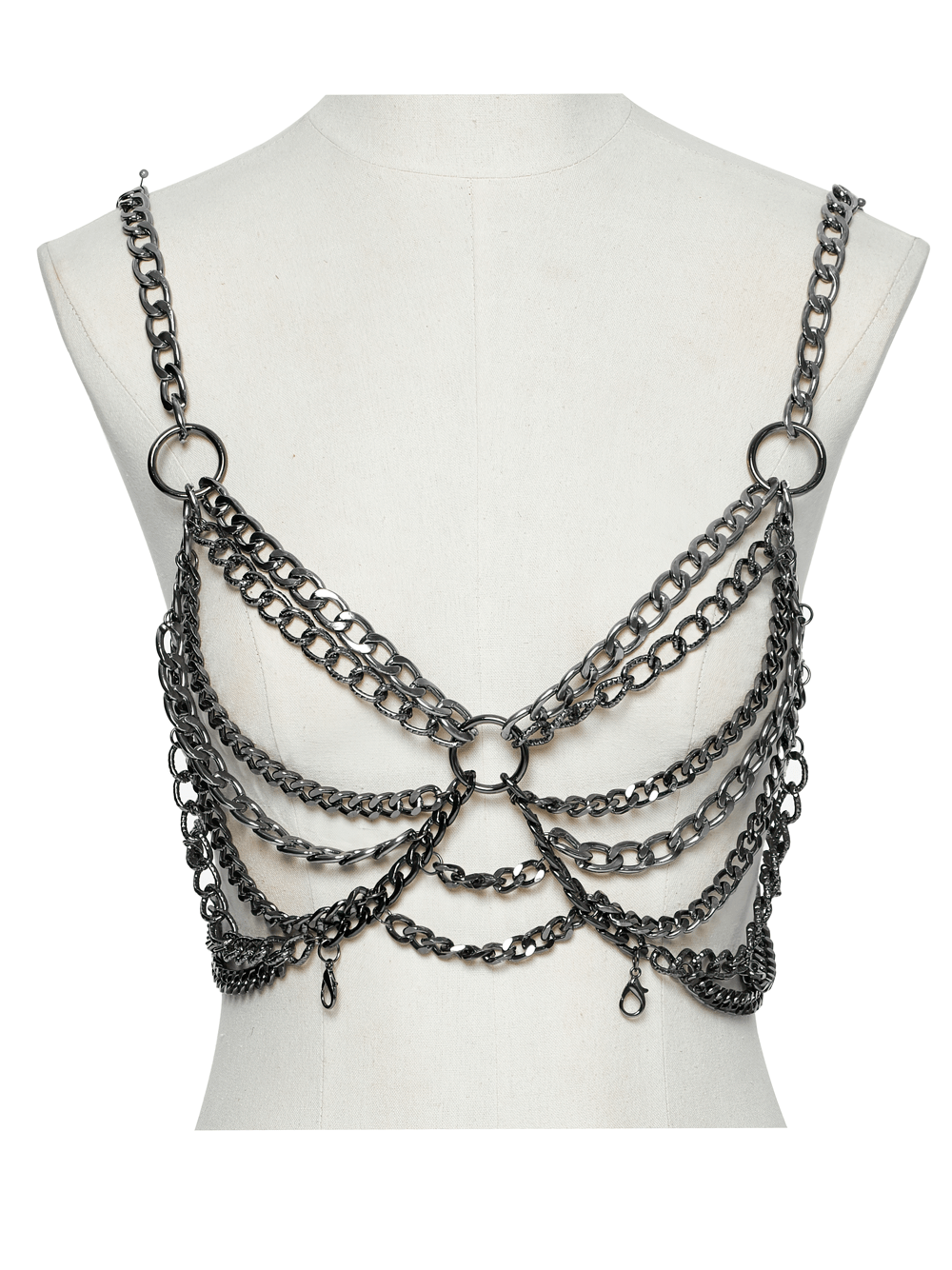 Punk metal chain body harness dress showcasing adjustable chains and a stylish back design for alternative fashion.