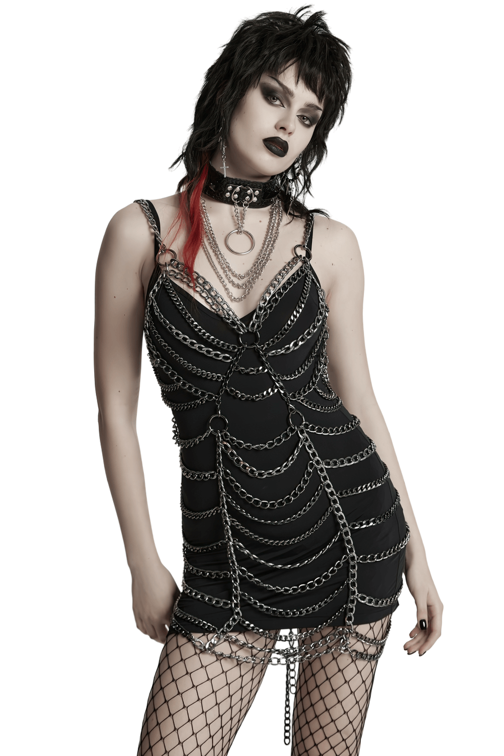 Punk metal chain body harness dress showcasing adjustable chains for a bold alternative fashion look.