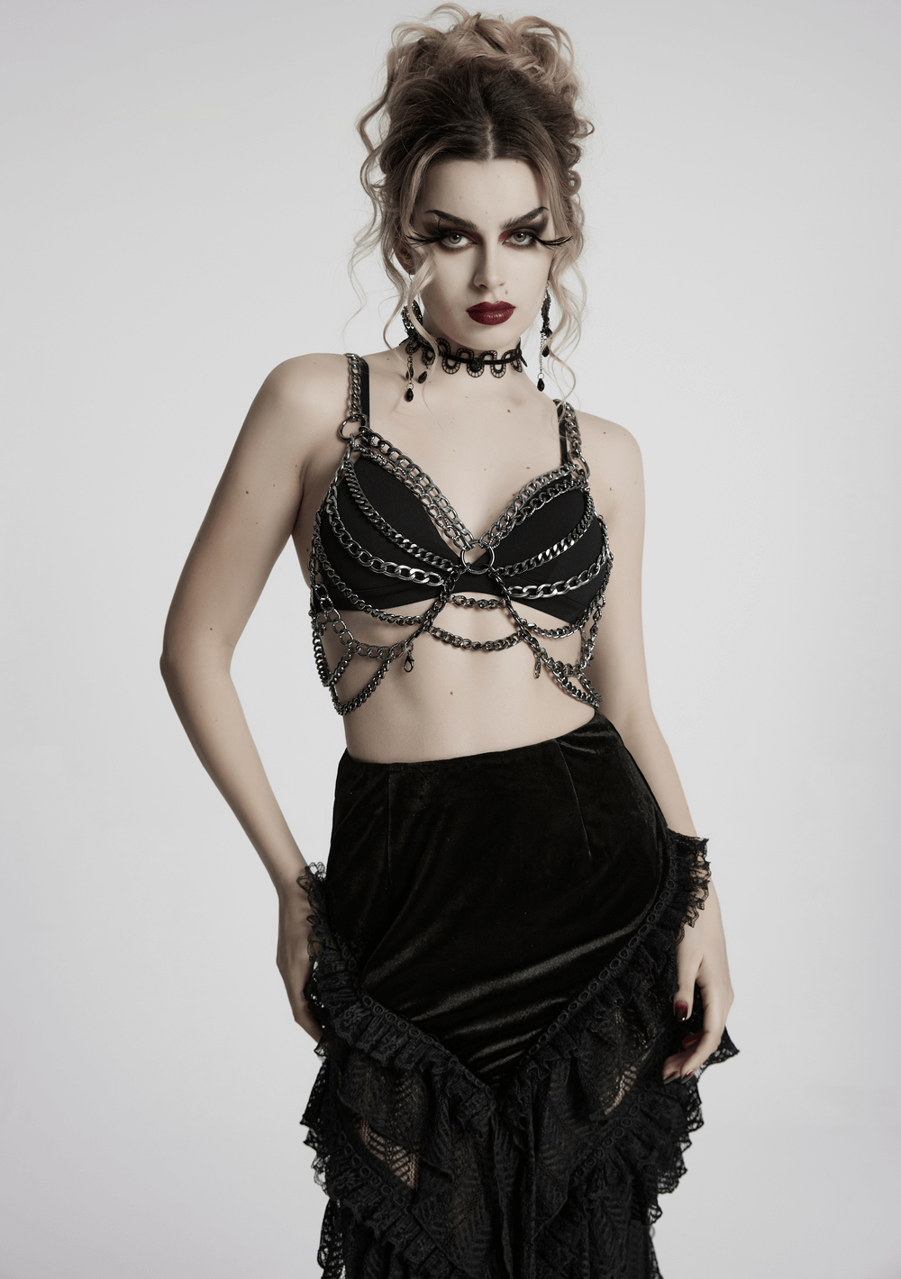 Punk metal chain body harness dress with adjustable chains for alternative fashion and edgy style.