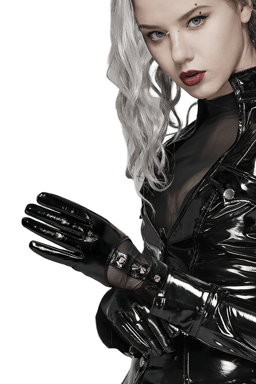 Punk Metal Rivet PU Leather Gloves with Elastic Mesh