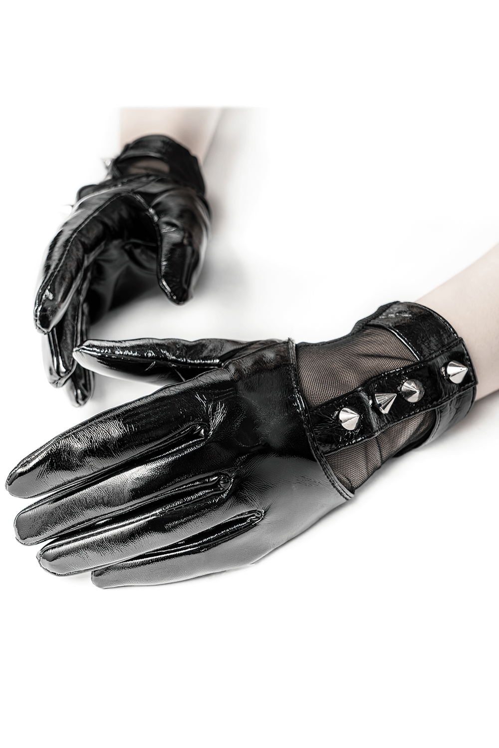 Punk metal rivet PU leather gloves with elastic mesh, showcasing a bold and edgy fashion style.