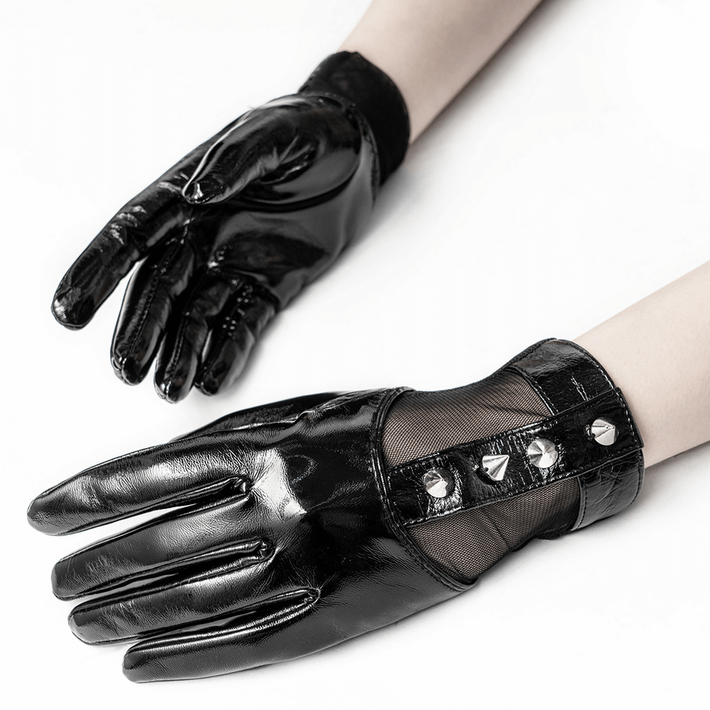 Punk metal rivet PU leather gloves with elastic mesh for bold fashion in glossy black.