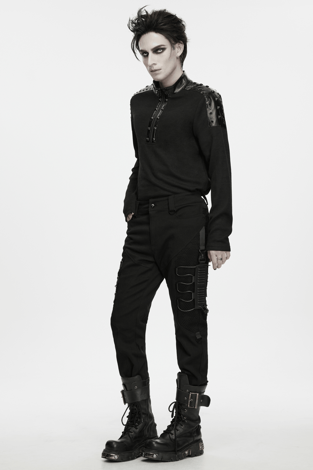 Punk Metal Trim Sweatshirt with High Neck and Studs worn by model, showcasing gothic style and edgy studs.