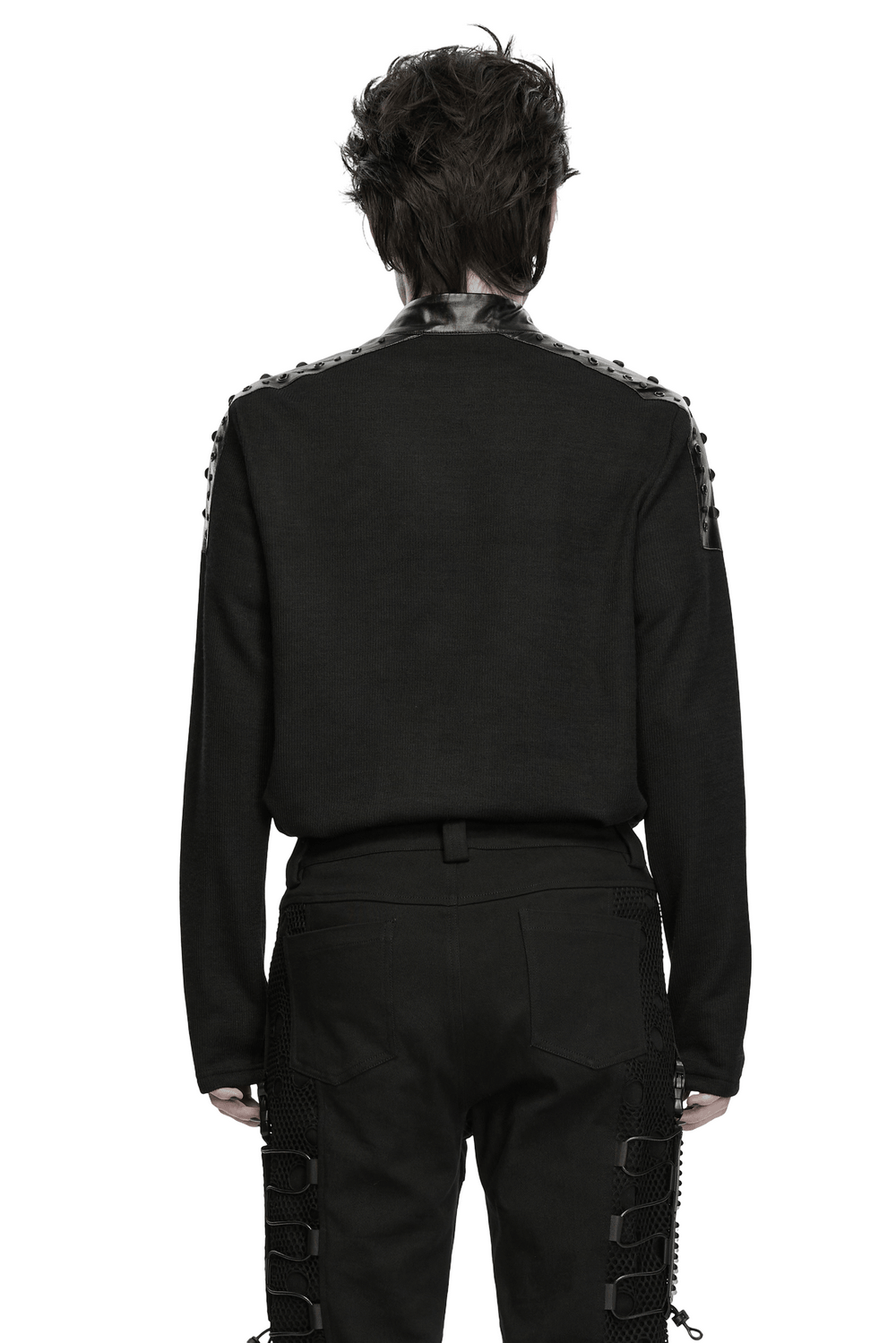 Back view of a man wearing a Punk Metal Trim Sweatshirt with High Neck and Studs, featuring studded faux leather panels.