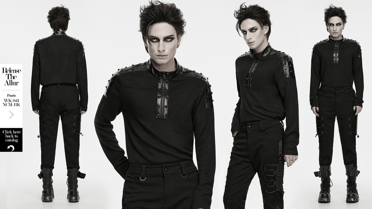 Punk Metal Trim Sweatshirt with High Neck and Studs showcased on a model wearing gothic fashion.