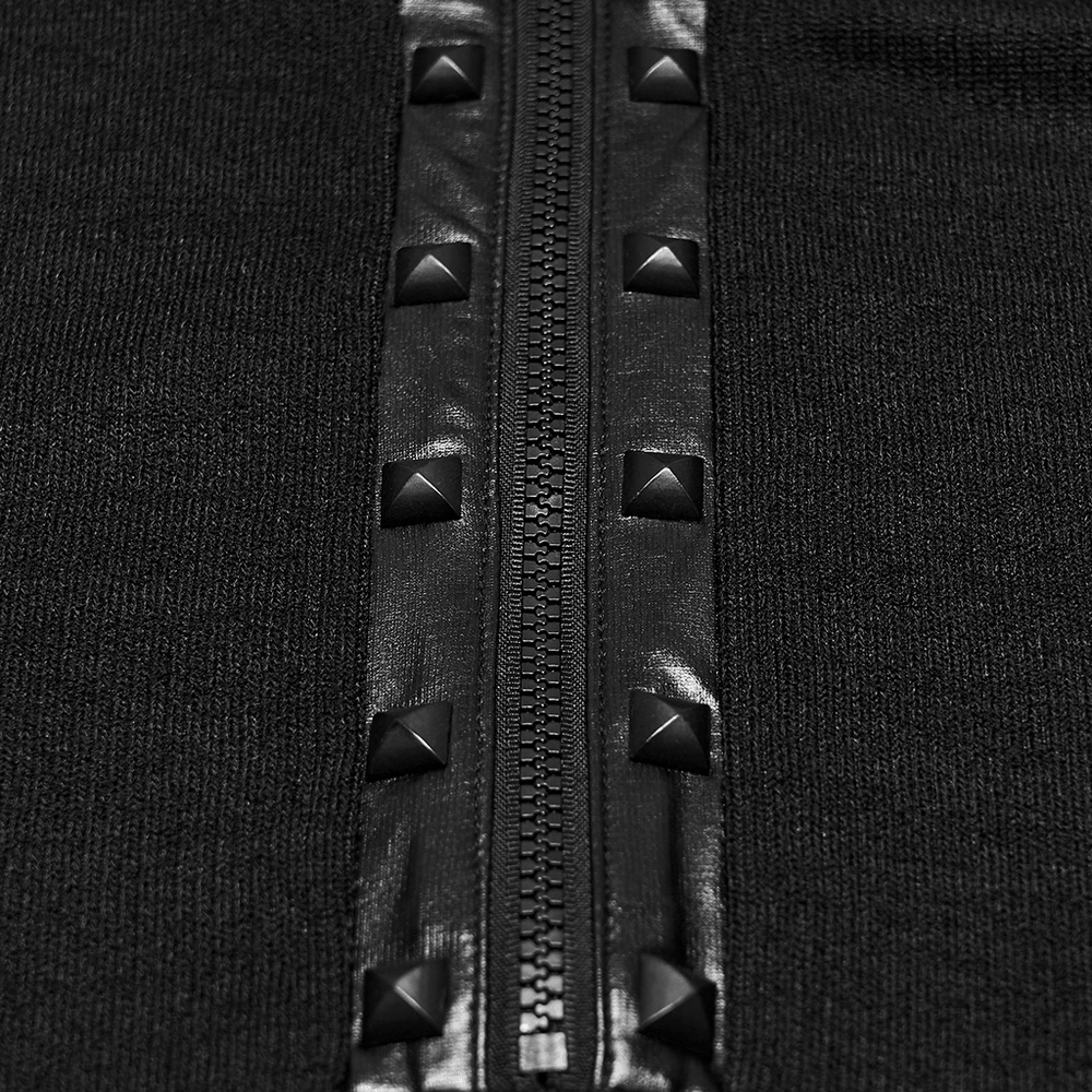 Punk Metal Trim Sweatshirt with High Neck and Studs close-up of black half-zip and studded detail