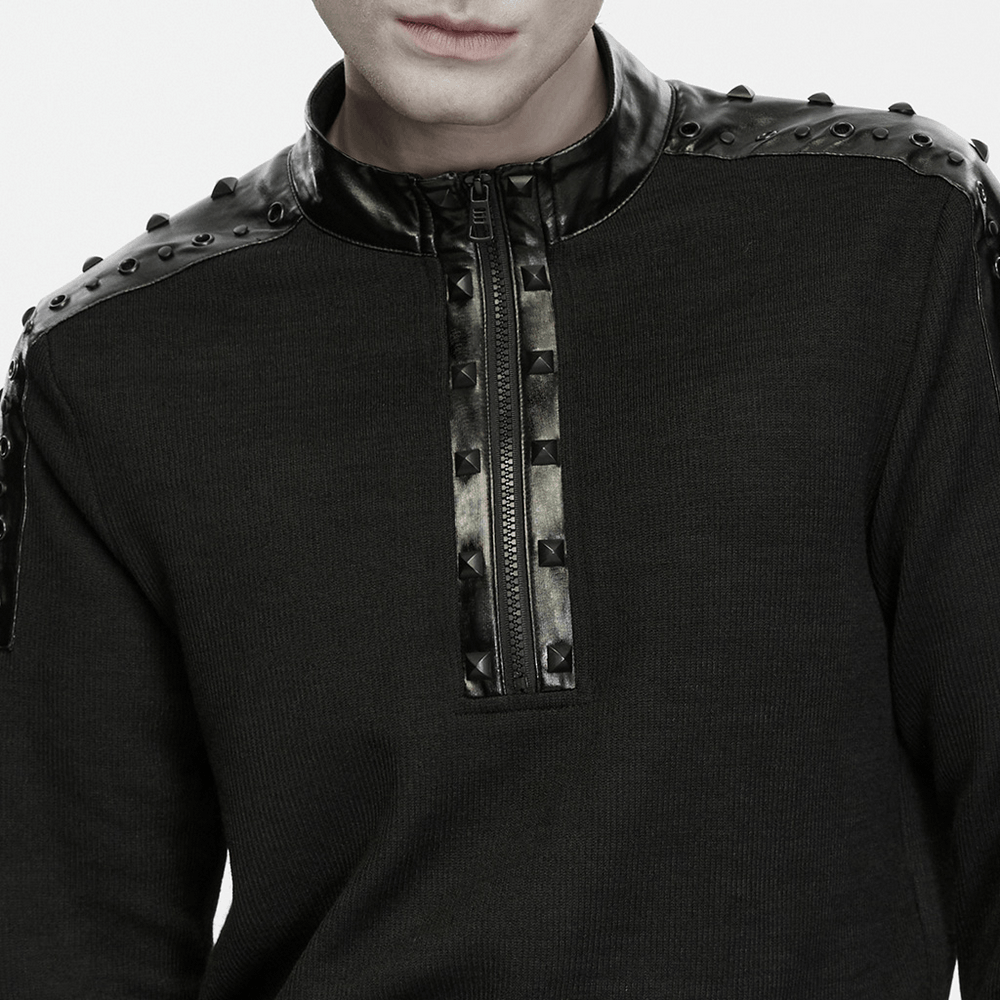 Punk Metal Trim Sweatshirt with High Neck and Studs featuring a half-zip design and studded faux leather accents.