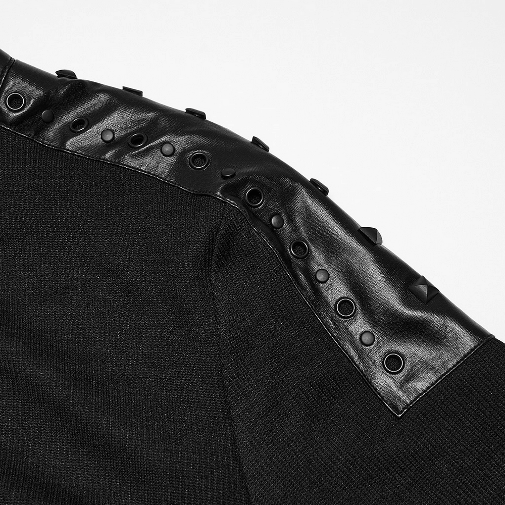 Punk Metal Trim Sweatshirt with High Neck and Studs featuring faux leather and studs on the shoulder.