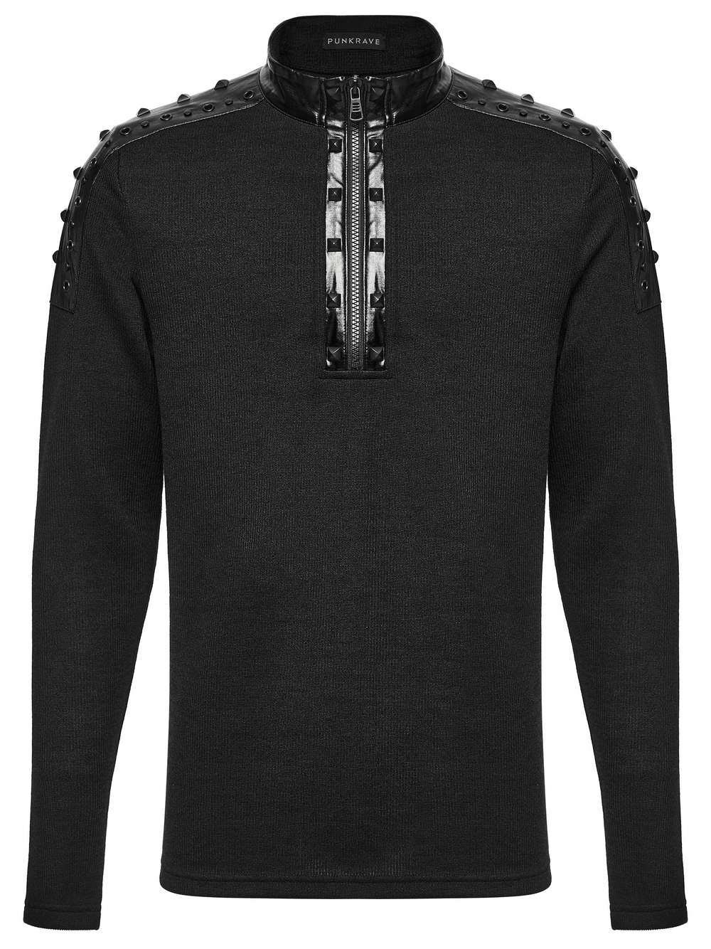 Punk Metal Trim Sweatshirt with High Neck and Studs featuring faux leather and studs for a bold punk look.