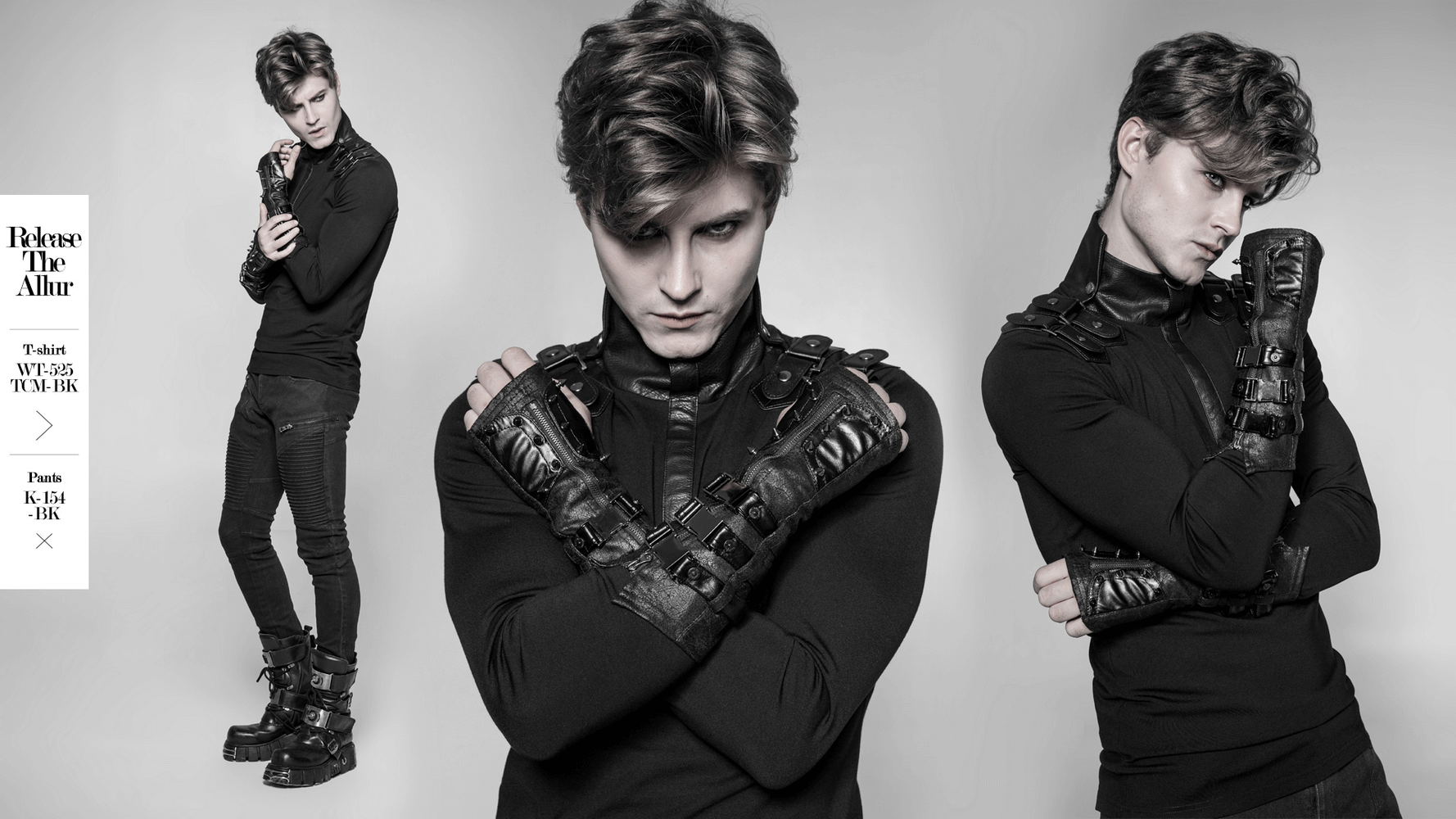 Stylish model showcasing punk micro-crack fingerless gloves with leather loops, exuding edgy fashion vibe.