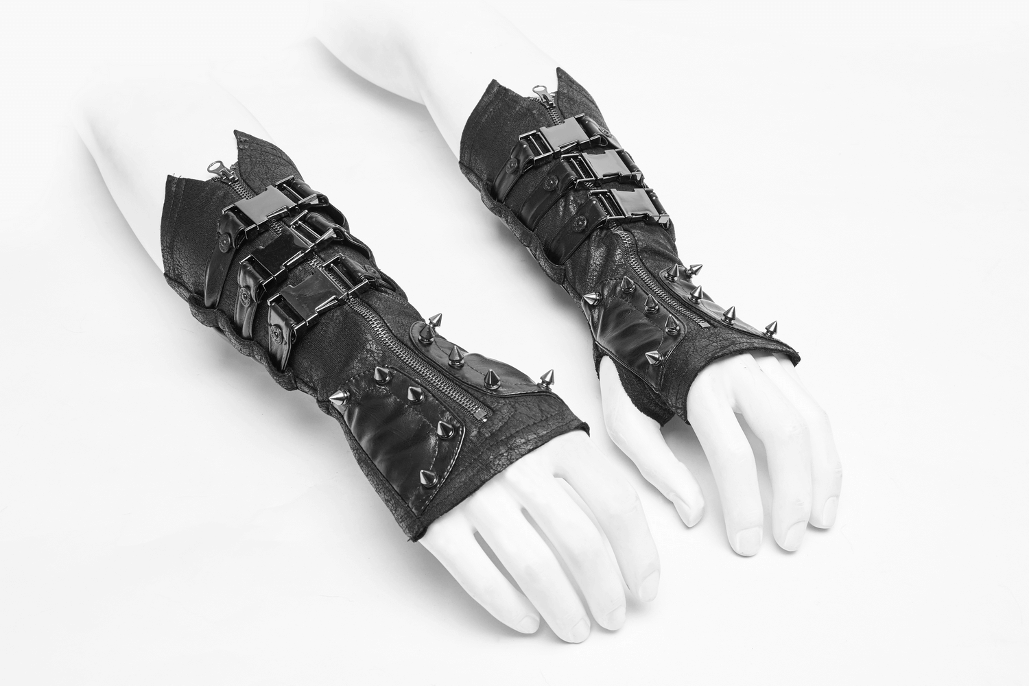 Punk leather fingerless gloves with spikes and buckles for an edgy rock style.