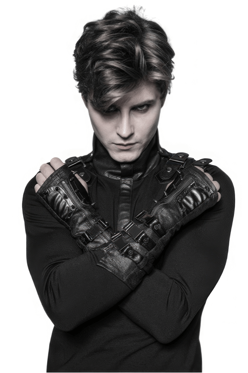 Punk micro-crack fingerless gloves with leather loops styled on a model in a dramatic pose.