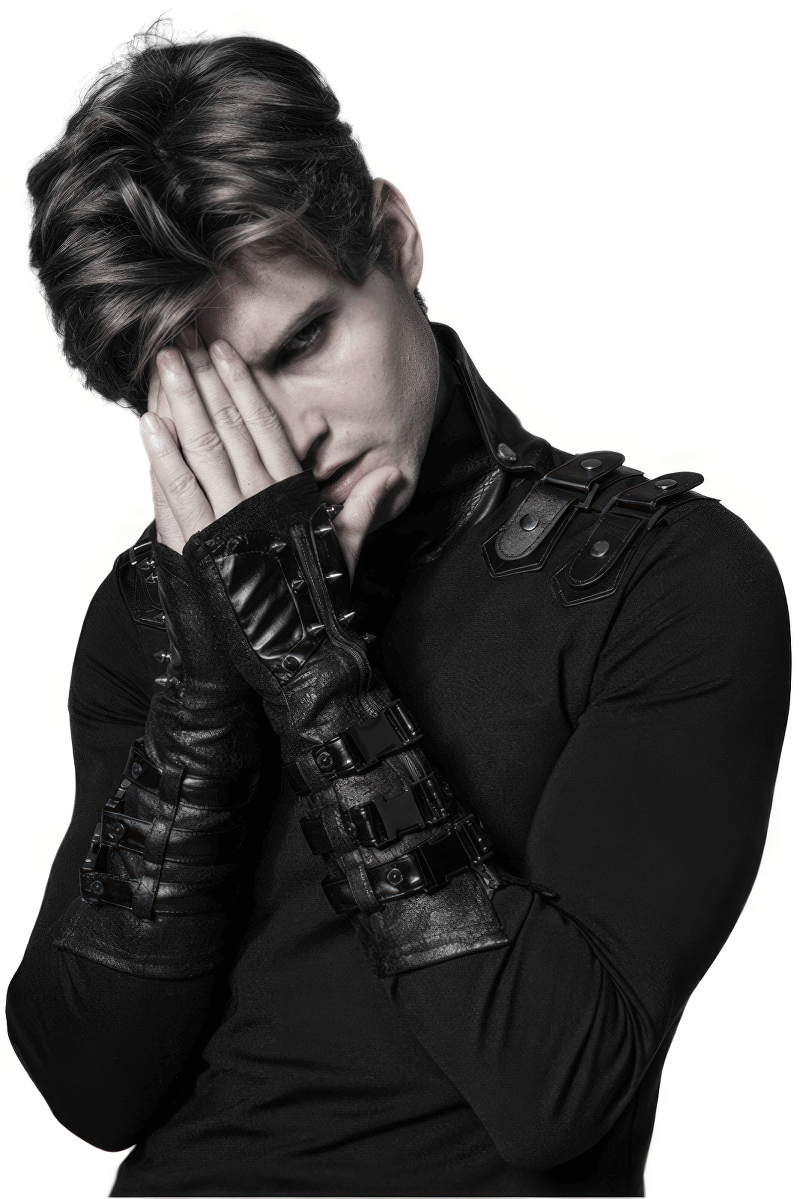 Model in stylish black fingerless gloves with leather accents, showcasing edgy punk fashion aesthetic.