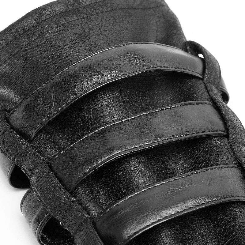 Close-up of punk micro-crack fingerless gloves showcasing leather loop detailing and textured fabric.