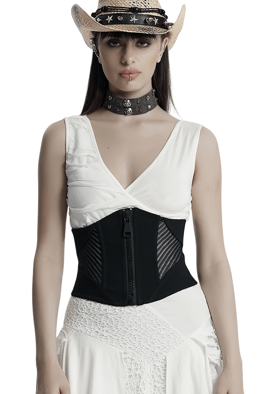 Punk minimalist black corset with mesh sides and oversized zipper, styled with a white top and accessories.