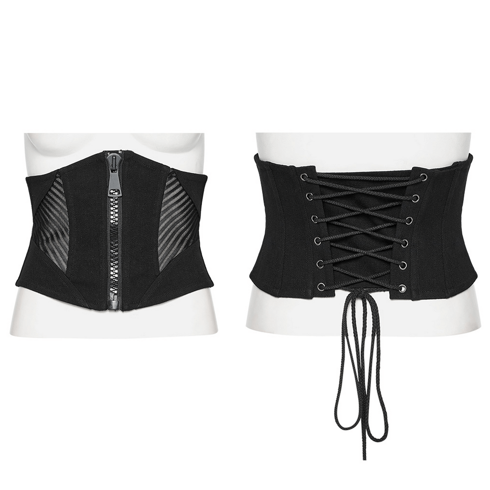 Punk minimalist black corset featuring mesh splicing and oversized zipper detail, perfect for edgy fashion lovers.
