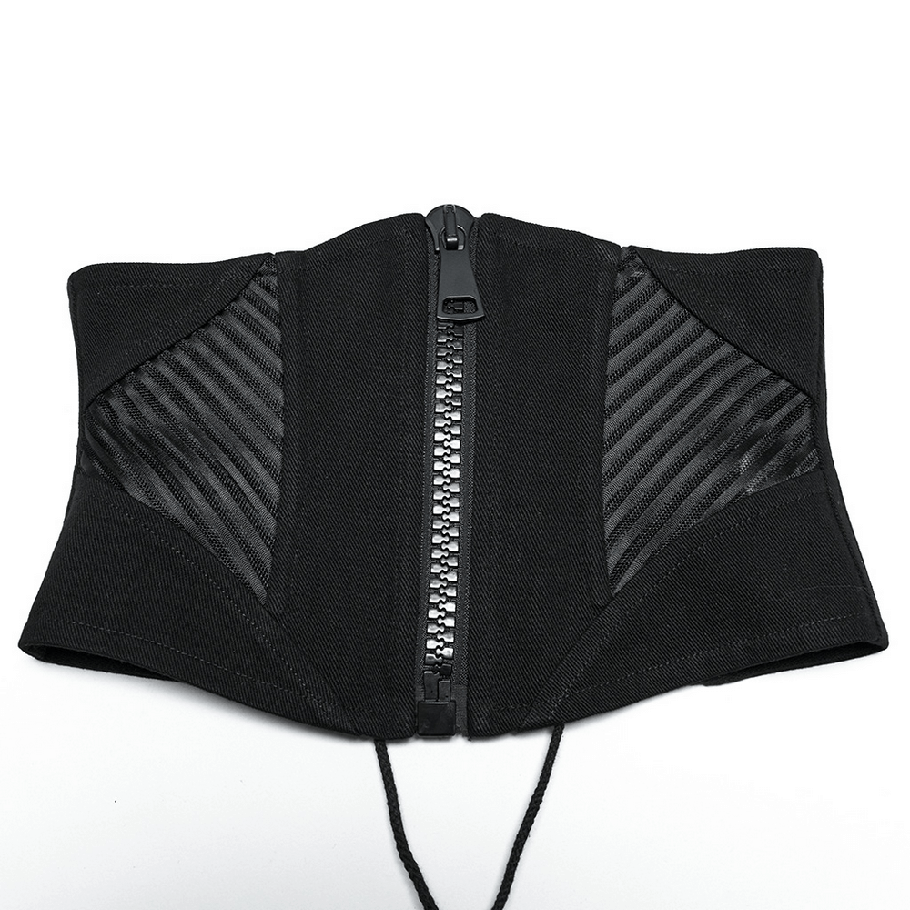 Punk minimalist black corset featuring mesh splicing and an oversized zipper for a bold, edgy look.