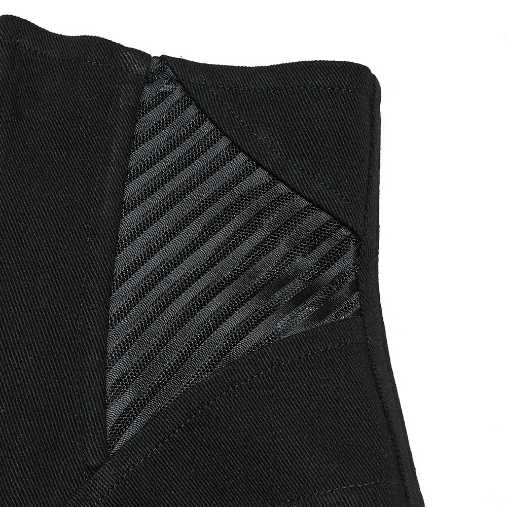 Close-up of punk minimalist black corset featuring unique mesh splicing and diagonal cut details.