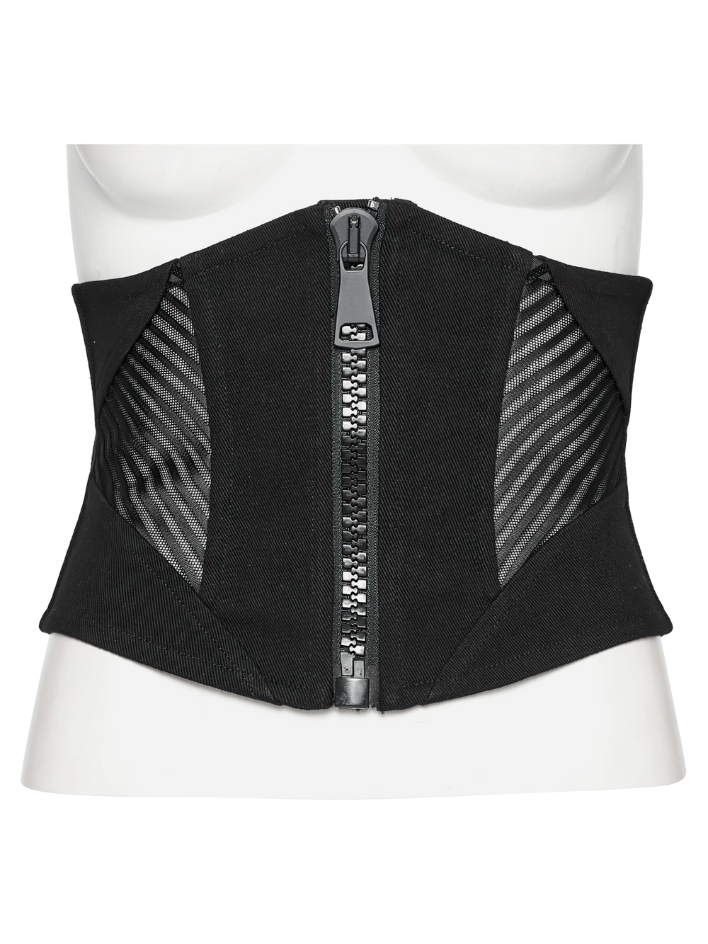 Punk minimalist black corset with mesh splicing and oversized zipper, perfect for edgy fashion statements.