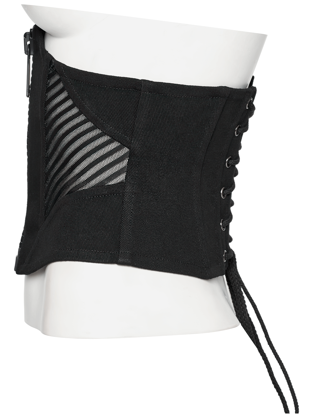 Punk minimalist black corset with mesh splicing and oversized zipper detail on mannequin.