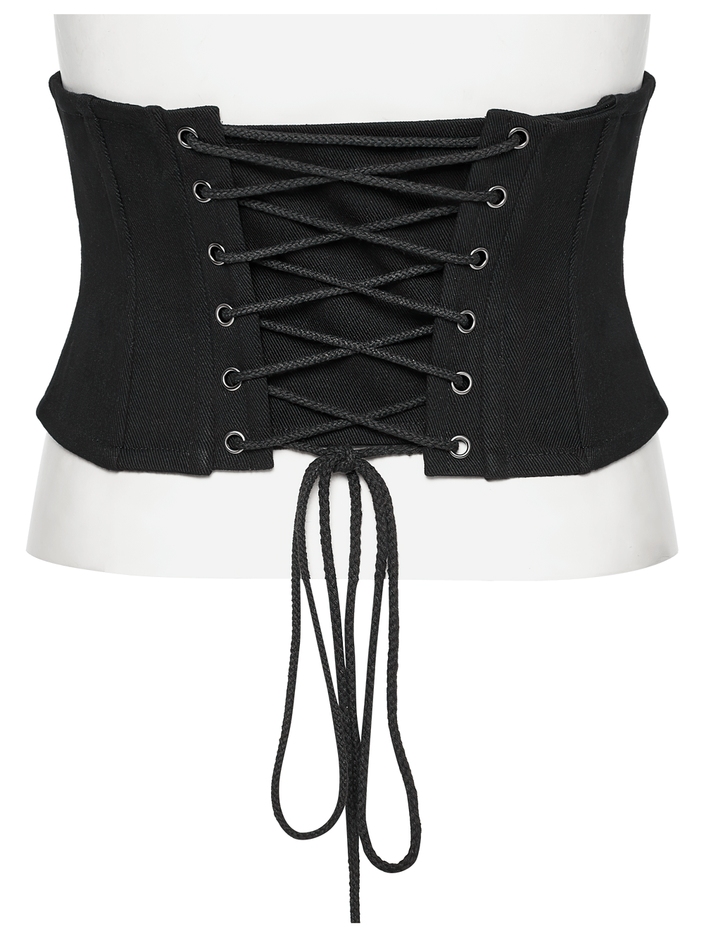Punk minimalist black corset with lace-up front and mesh accents, perfect for bold alternative fashion.