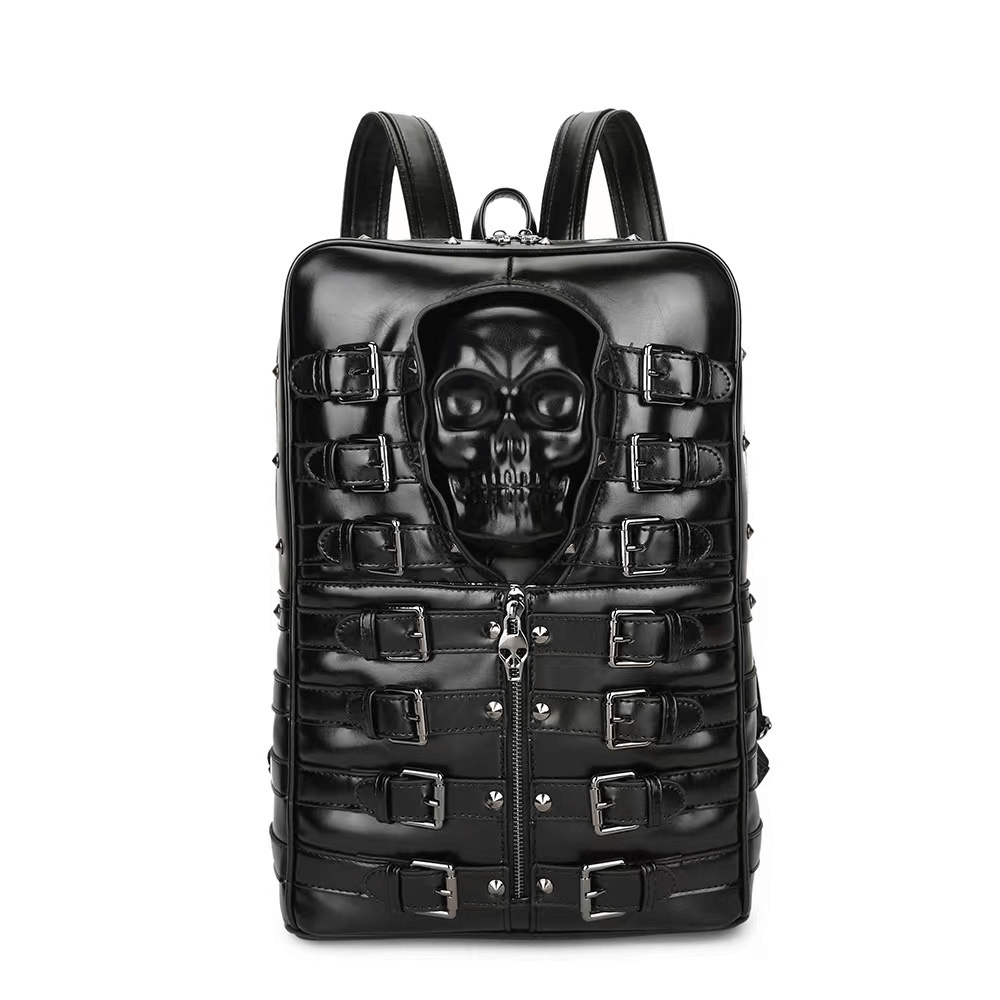 Punk Motorcycle Backpack With 3D Skull Head / Unisex Original Leather Backpack - HARD'N'HEAVY