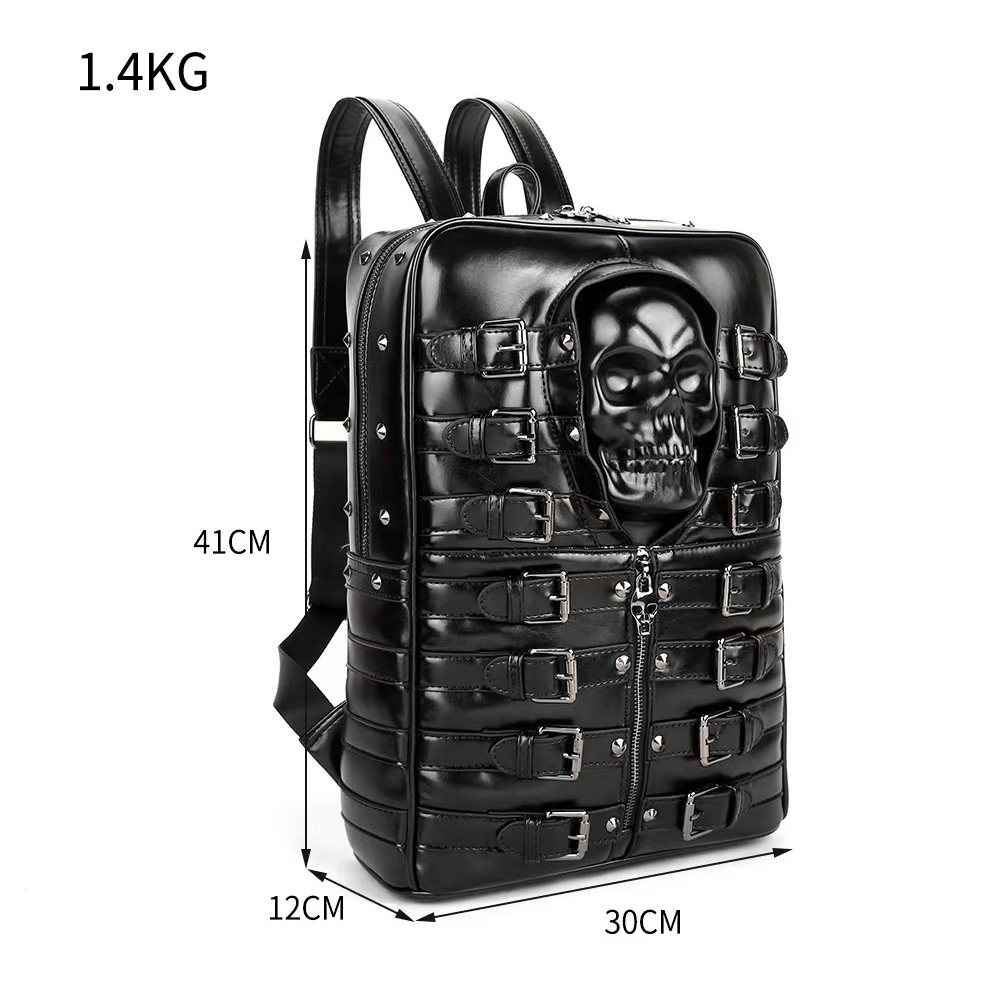 Punk Motorcycle Backpack With 3D Skull Head / Unisex Original Leather Backpack - HARD'N'HEAVY