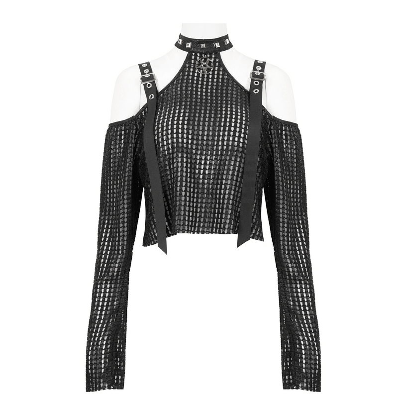 Punk off-shoulder halter top with stylish buckle straps and pentagram detail in black.