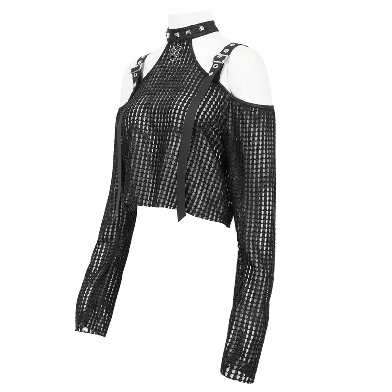 Punk off-shoulder halter top with stylish buckle straps and grid pattern for a bold, edgy look.