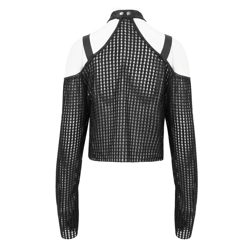 Back view of a black punk off-shoulder halter top with mesh design and stylish buckle straps.