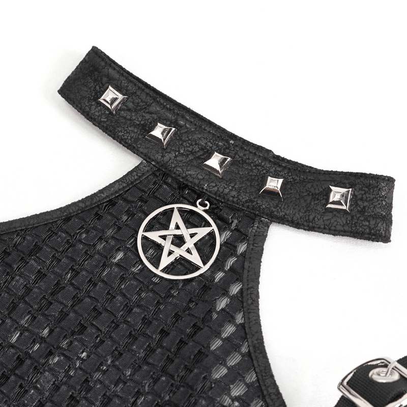 Close-up of a punk off-shoulder halter top featuring a pentagram charm and stylish buckle straps.