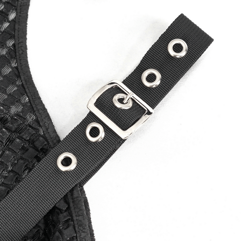 Close-up of stylish buckle strap detail on a punk off-shoulder halter top with eyelets, perfect for edgy fashion.