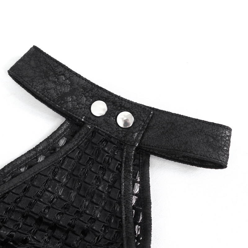 Close-up of stylish buckle strap on black punk off-shoulder halter top with textured fabric.