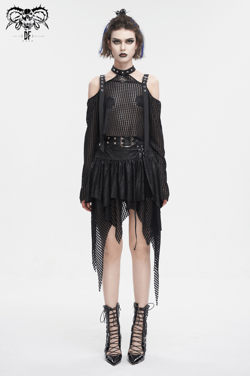 Punk off-shoulder halter top with stylish buckle straps, featuring a gothic twist and pentagram design.