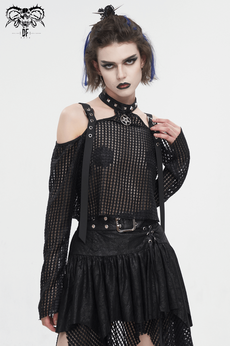 Punk off-shoulder halter top with pentagram design, stylish buckle straps, perfect for edgy fashion lovers.