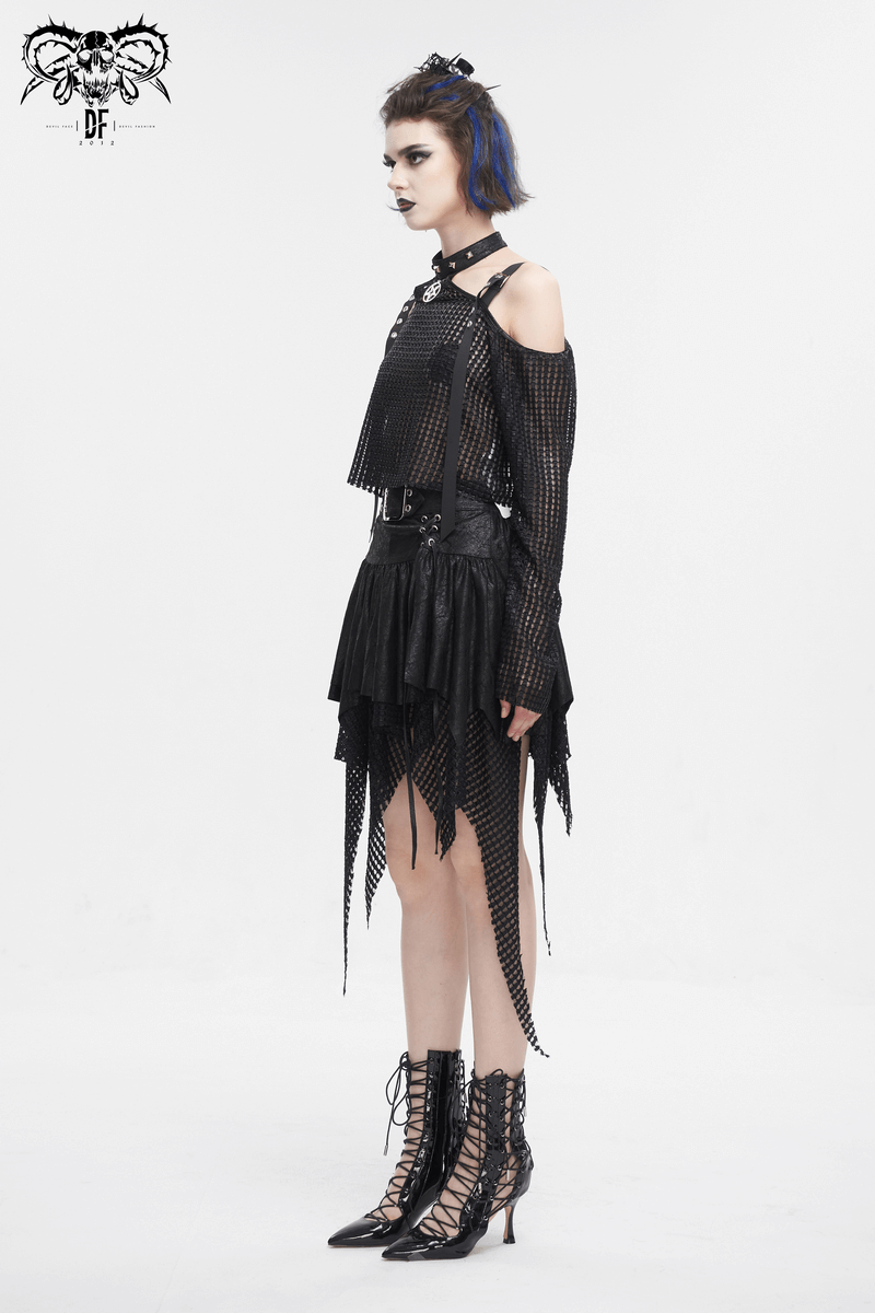 Edgy punk fashion model wearing a black off-shoulder top with buckles and a layered skirt, showcasing goth style.