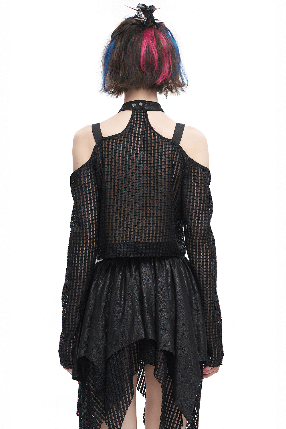 Back view of a punk off-shoulder halter top with mesh and black skirt, perfect for edgy styles.