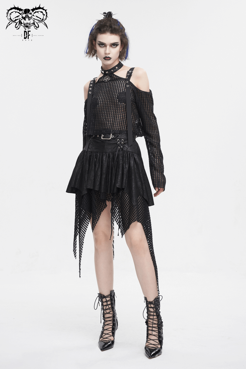 Edgy punk off-shoulder lace top and asymmetric black skirt with stylish buckle straps and lace-up boots.