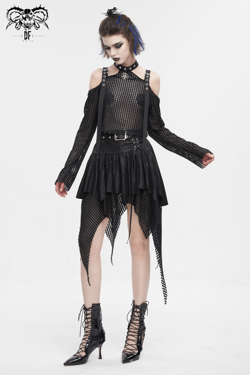 Model wearing a punk-inspired black mesh top and asymmetrical skirt with edgy lace-up boots.