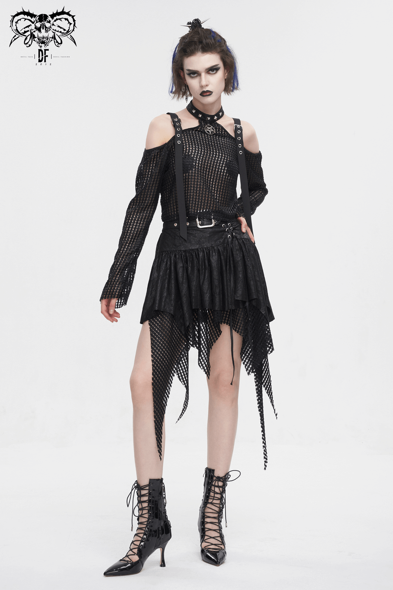 Stylish punk off-shoulder halter top with buckle straps and black skirt, perfect for edgy fashion lovers.