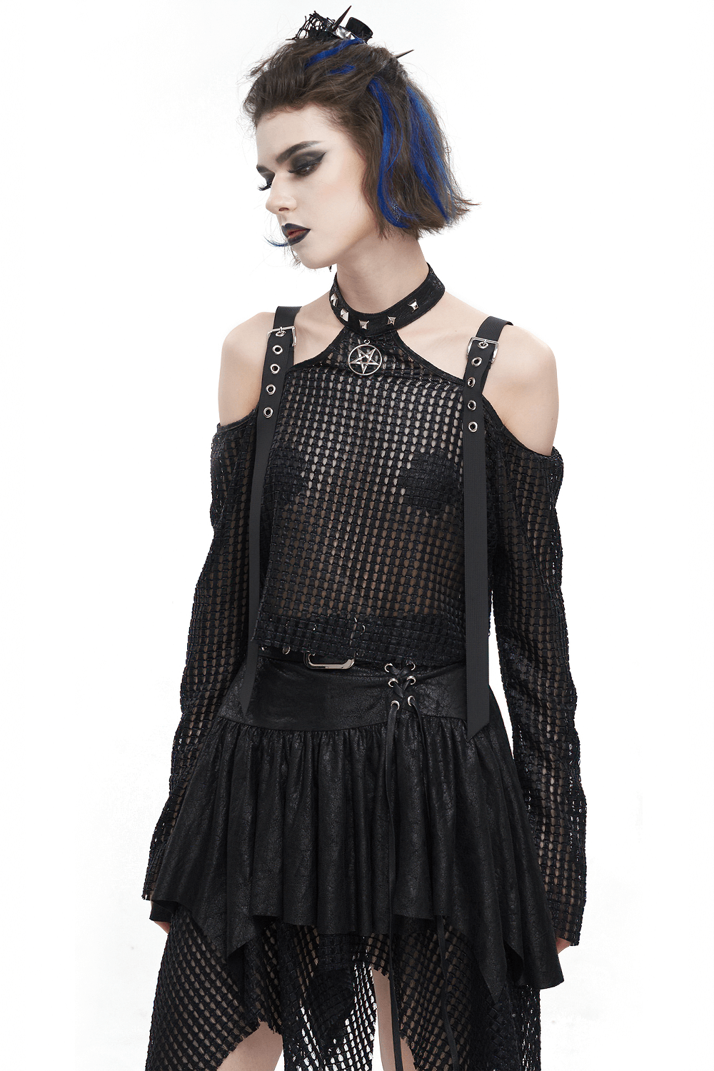 Punk off-shoulder halter top with pentagram design and buckle straps, showcasing edgy gothic style.