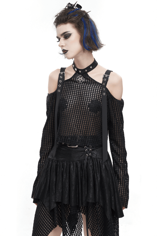 Punk Off Shoulder Halter Top With Pentagram / Stylish Buckle Straps Black Tops