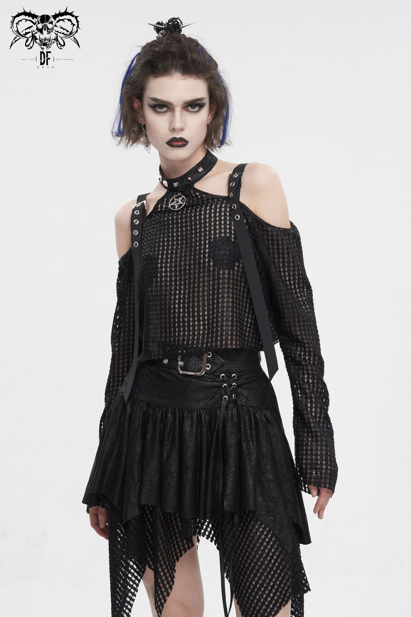 Punk off-shoulder halter top with pentagram and buckle straps, embodying edgy gothic style.