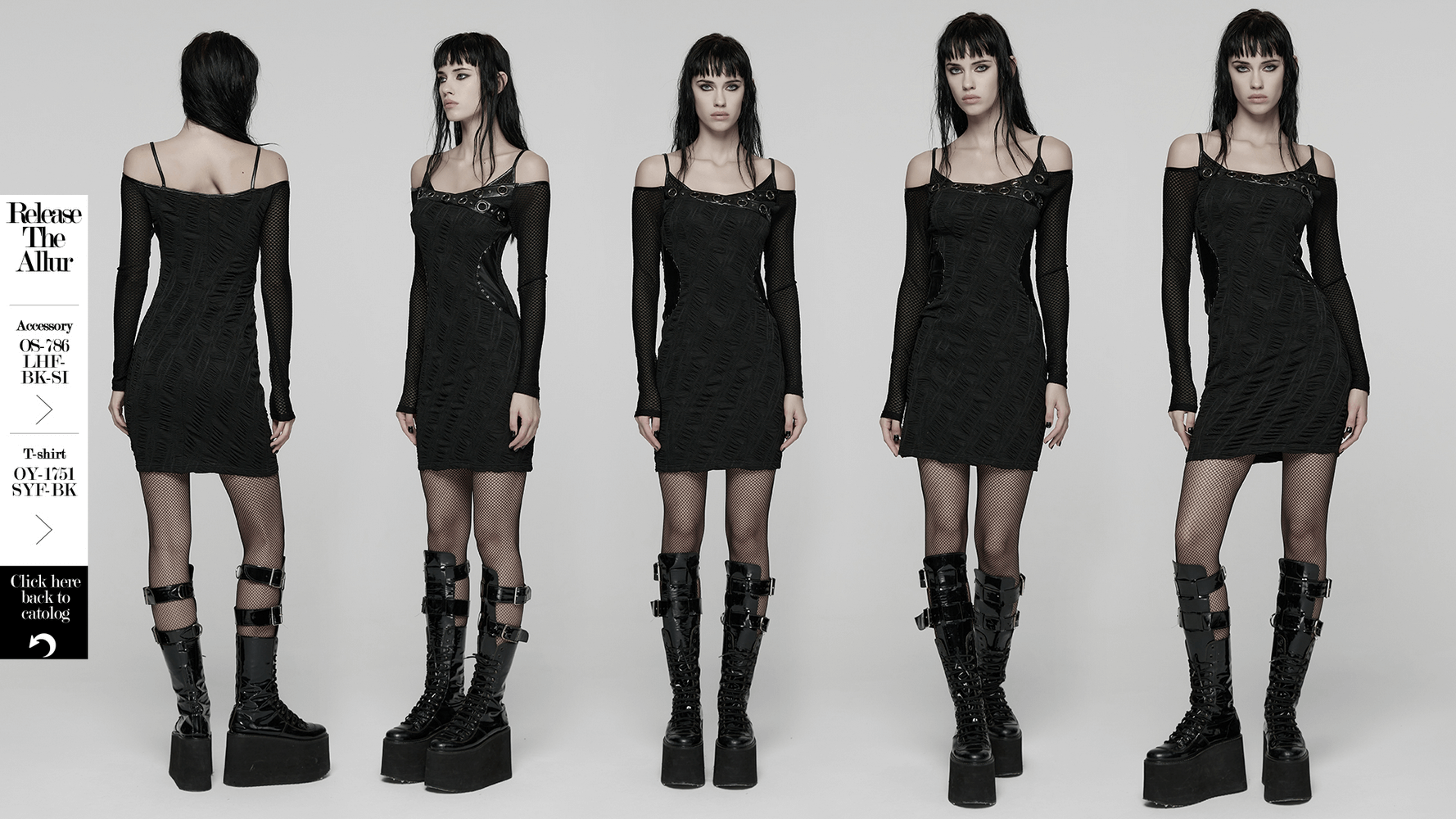 Punk Off-the-Shoulder Bodycon Dress with Metal Eyelets, showcasing a figure-hugging design and edgy style.