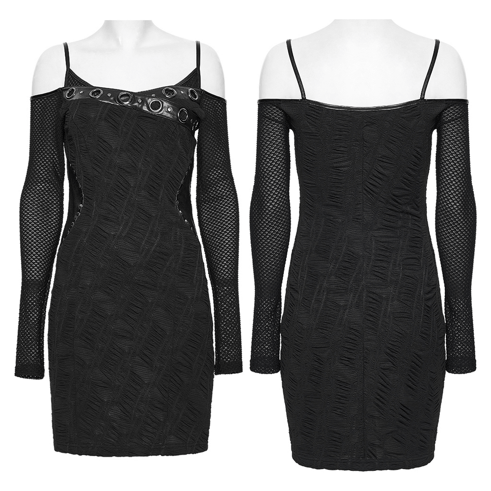 Punk Off-the-Shoulder Bodycon Dress with Metal Eyelets showcasing mesh and knit design with studded detail.