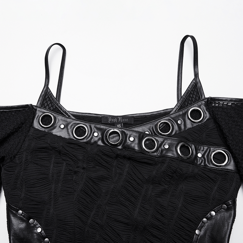 Punk Off-the-Shoulder Bodycon Dress with Metal Eyelets showcasing punk style and edgy details.